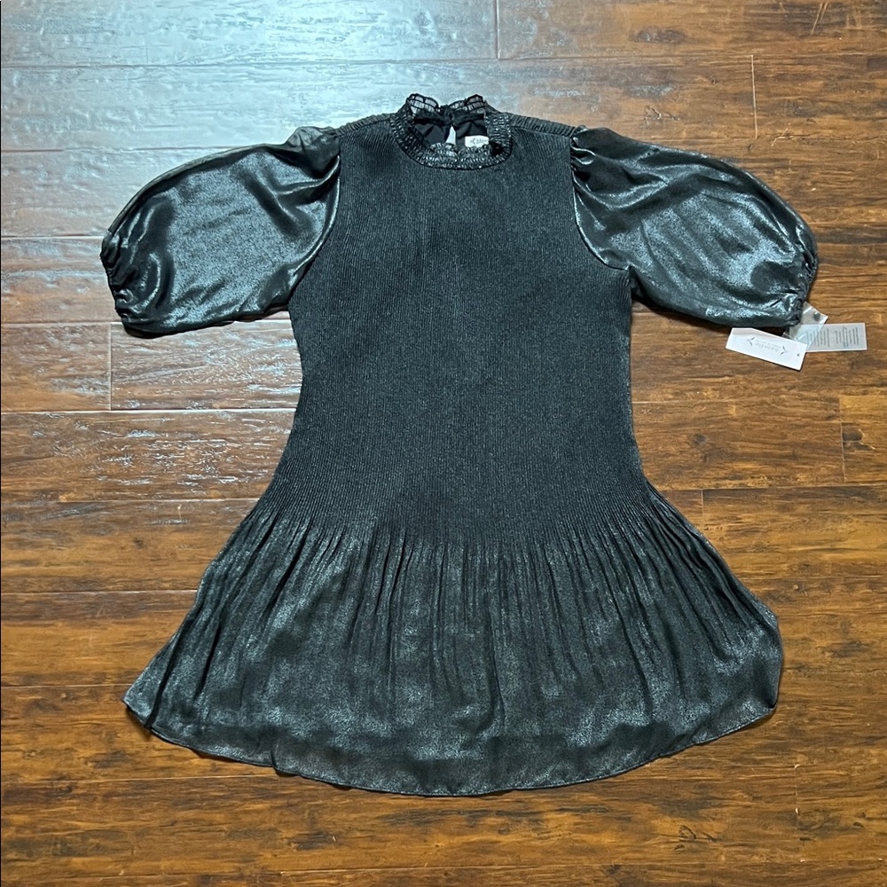 NWT Nanette Lepore Shimmery Black Puff Sleeve Pleated Skirt Dress Size 12